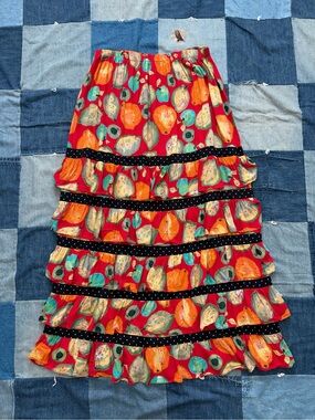 90s vintage tiered maxi skirt ruffles fruit pear print polka dot Lucia Lukken L